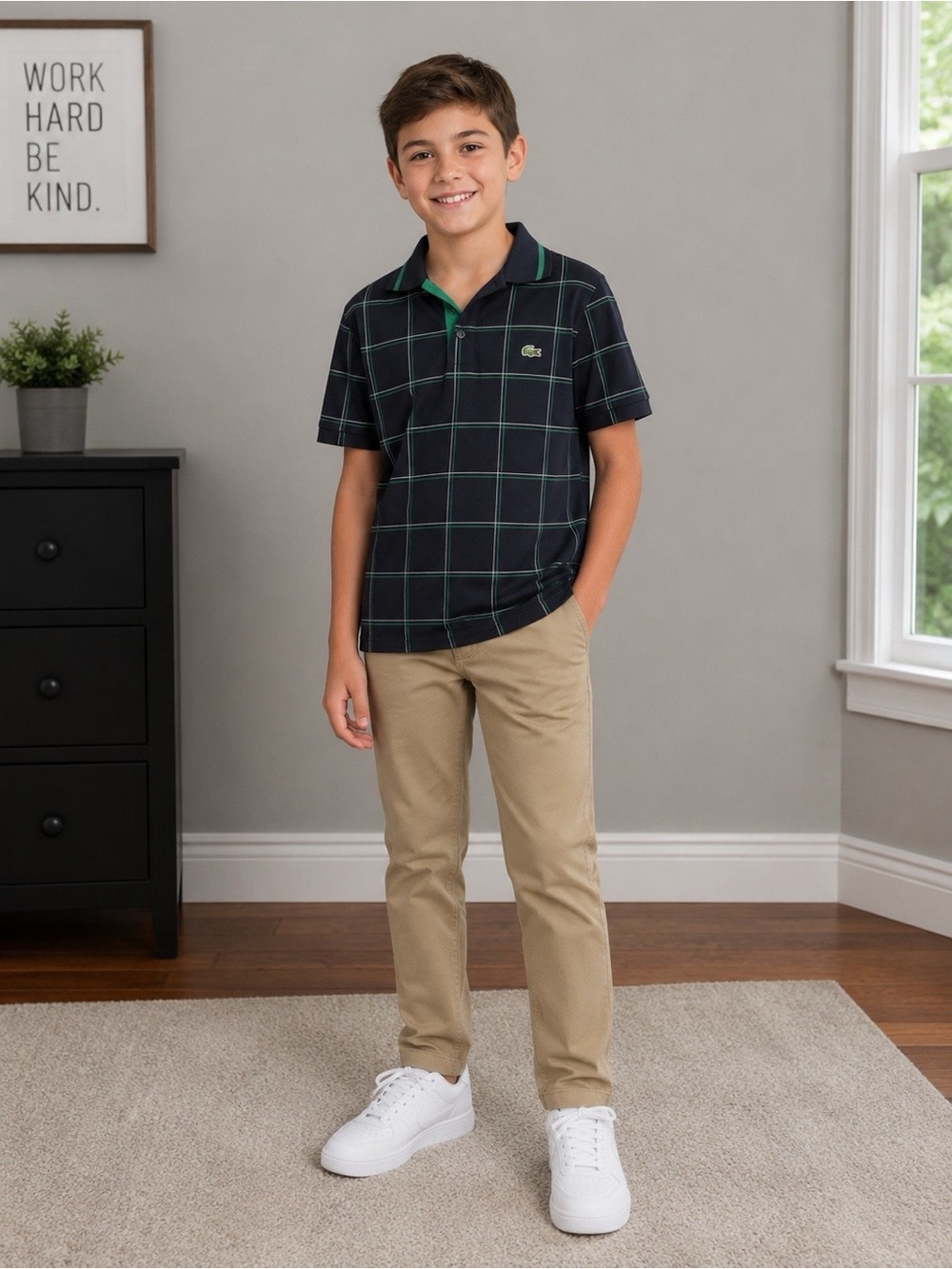 Lacoste Boys 10 Short Sleeve Polo Shirt Navy Green Collared Checkered
